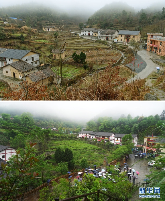 　△拼版照片：上圖為2016年1月31日拍攝的井岡山市茅坪鎮(zhèn)神山村；下圖為游客在井岡山市茅坪鎮(zhèn)神山村游覽參觀（2021年4月26日攝）。新華社記者 萬象 攝