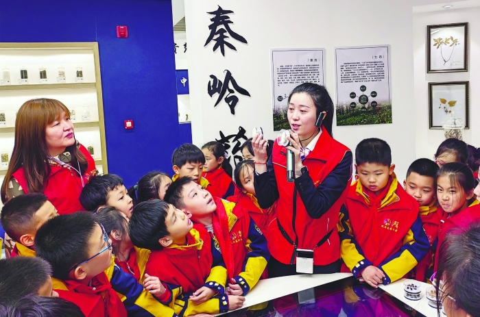 圖為陜西省食藥檢院志愿者為西安高新第一小學的師生們介紹中醫藥標本。